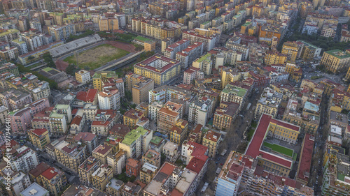 Aerial view of the Collana Stadium in the Vomero district in Naples, Italy. The sports field now hosts football and rugby matches and training. Around the structure there are many buildings.