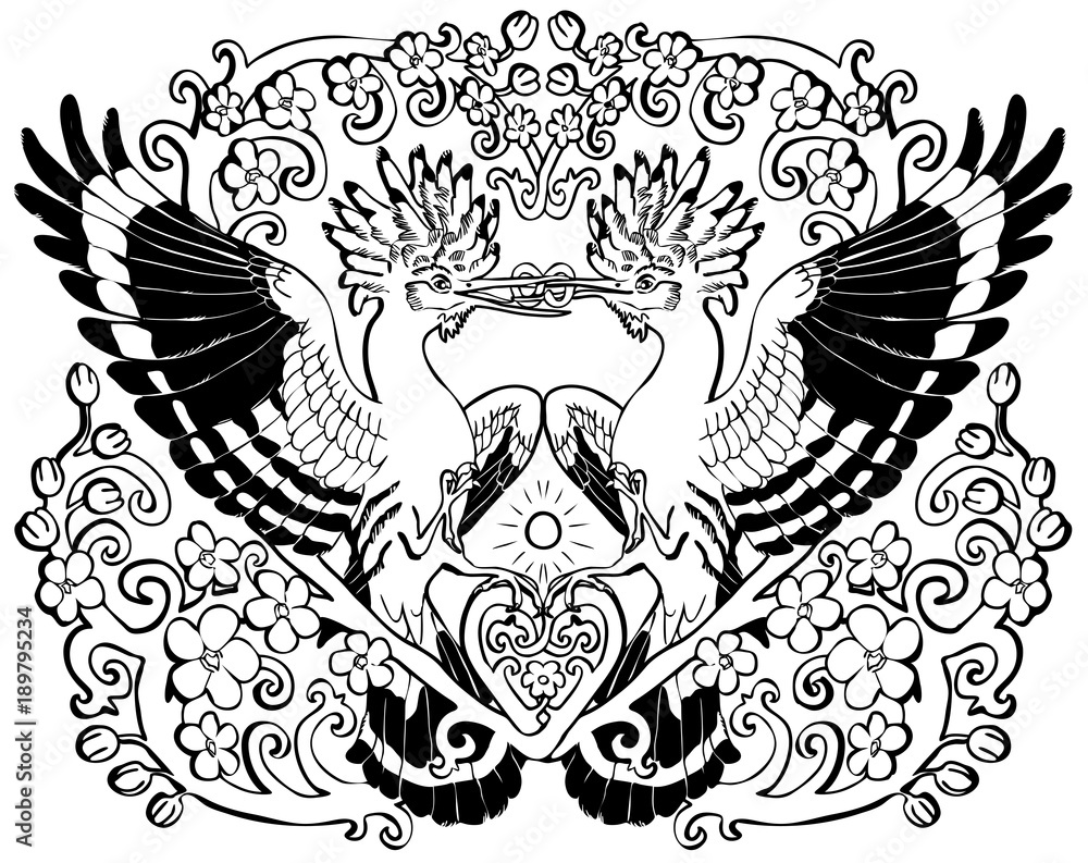 Vector illustration of hoopoes in love floral ornament black and white Vector illustration of hoopoes in love floral ornament black and white
