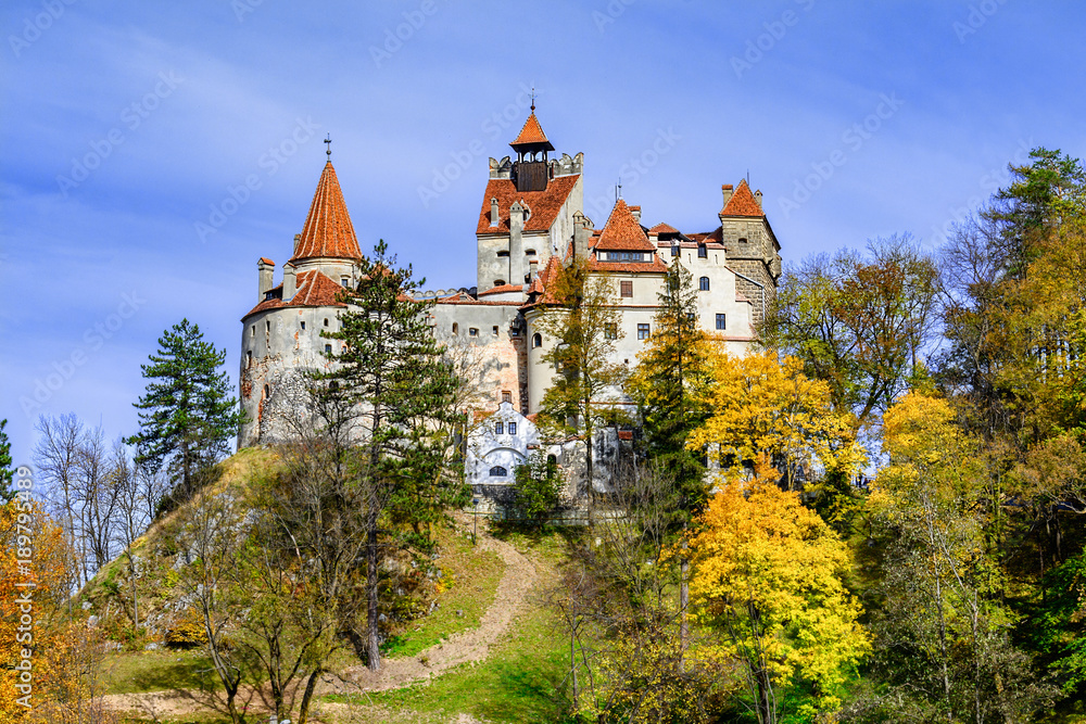 Bran Castle, Brasov, Transylvania, Romania. Autumn landscape with fortress at the border between Wallachia and Transylvania.It is also known for the myth of Dracula.