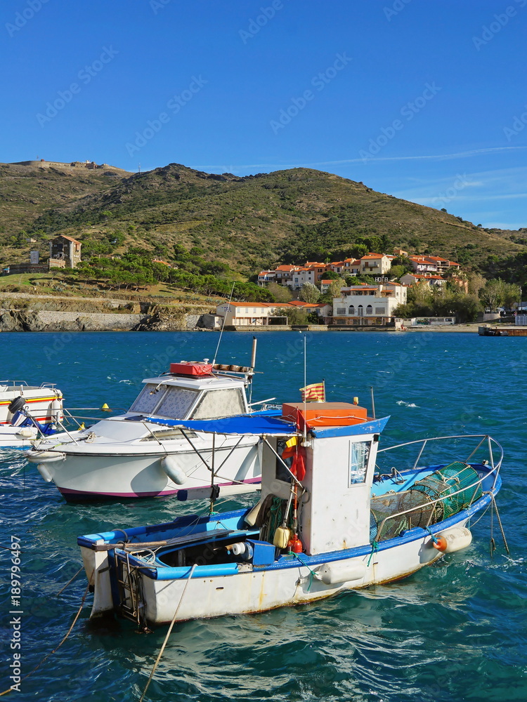 Small fishing boat in Port-vendres harbor, Vermilion Coast, Pyrenees Orientales, Roussillon, France