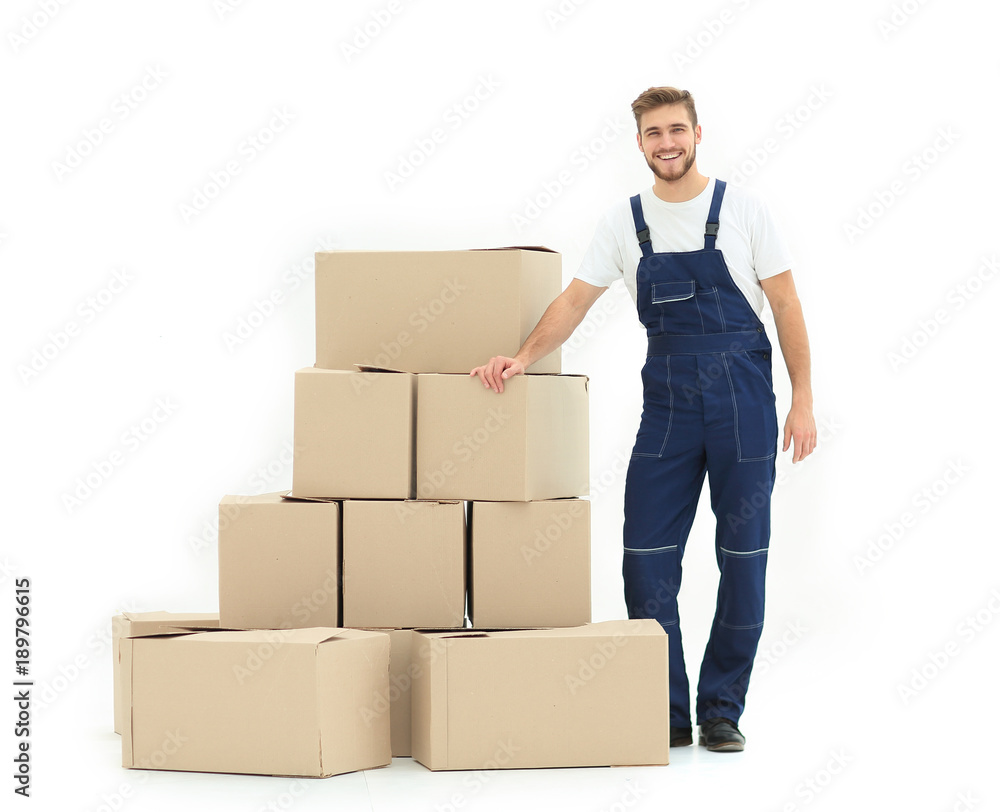 Worker supplies boxes, isolated, white background. Worker supplies boxes, isolated, white background.