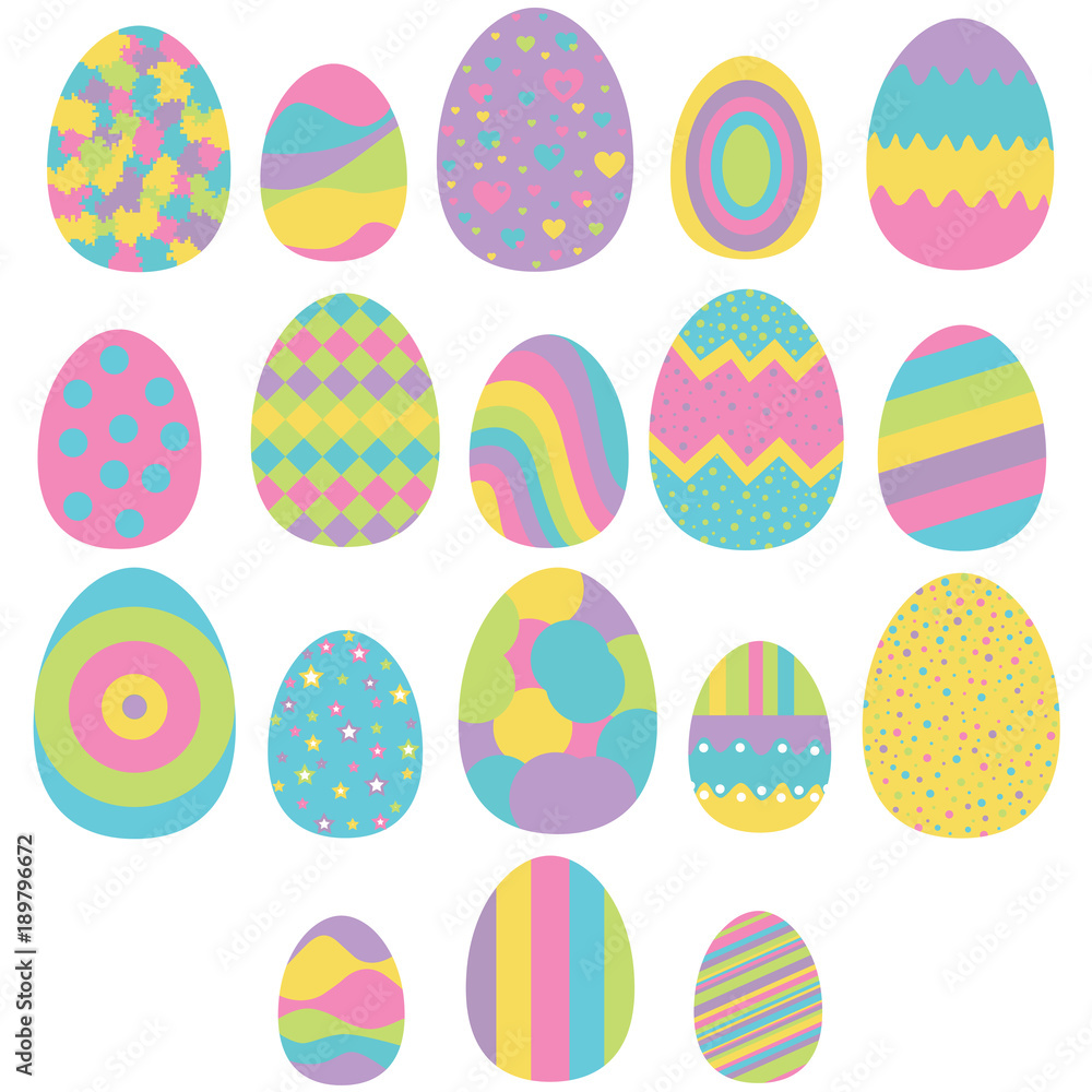 Set of eighteen easter eggs isolated on white Set of eighteen easter eggs isolated on white