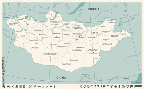 Mongolia Map - Vintage Detailed Vector Illustration