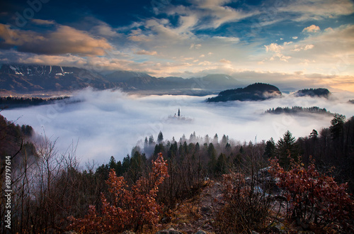 amazing sunrise at lake Bled from Ojstrica viewpoint, Slovenia, Europe - travel background