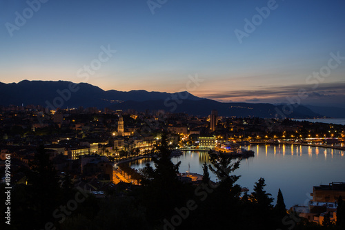 View of Split's historic Old Town and beyond from above in Croatia at dawn. Copy space.