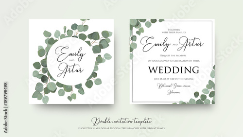 Wedding floral watercolor style double invite, invitation, save the date card design with cute silver dollar eucalyptus tree branches with greenery leaves. Vector  natural elegant rustic art template