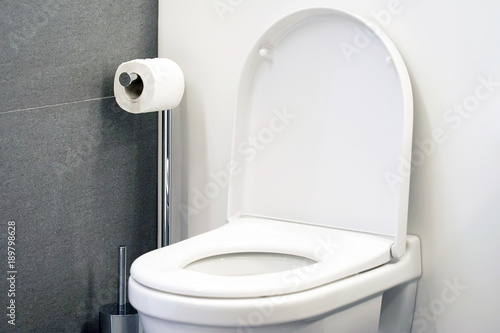 Close-up of toilet bowl and roll on toilet paper holder. Toilet paper roll in restroom.