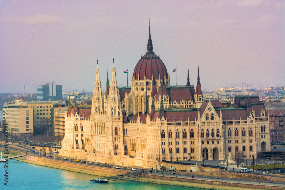 Beautiful panoramic view over architecture of the Parliament house in Budapest, Hungary