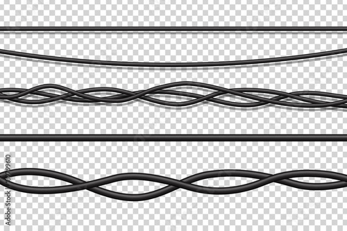 Vector set of realistic isolated electrical wires for decoration and covering on the transparent background. Concept of flexible network cables, electronics and connection.