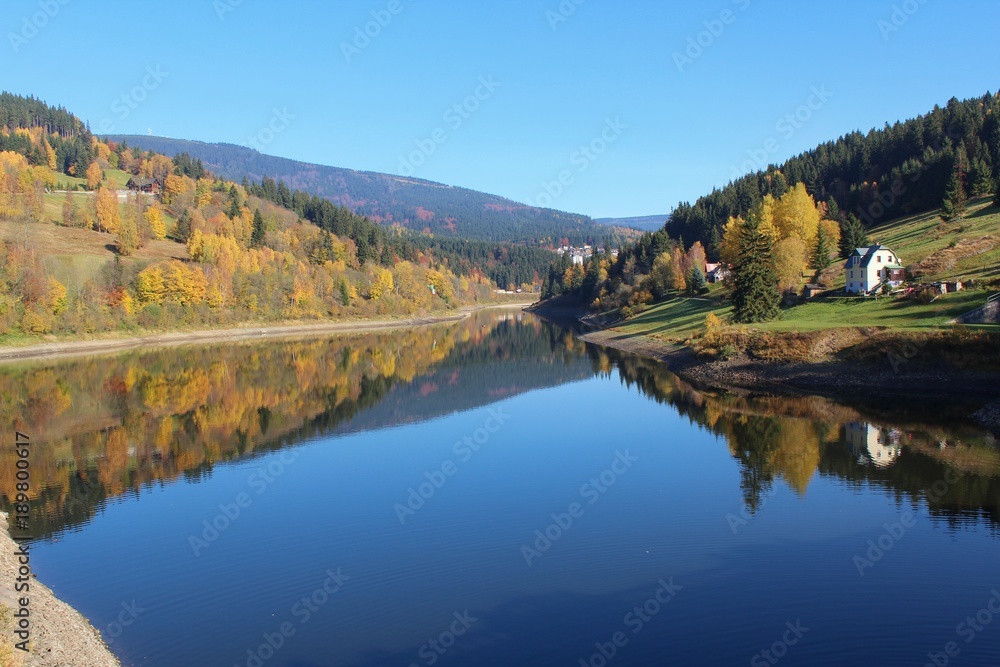 Autumn landscape view with pond in Spindleruv Mlyn, Czech Republic Autumn landscape view with pond in Spindleruv Mlyn, Czech Republic