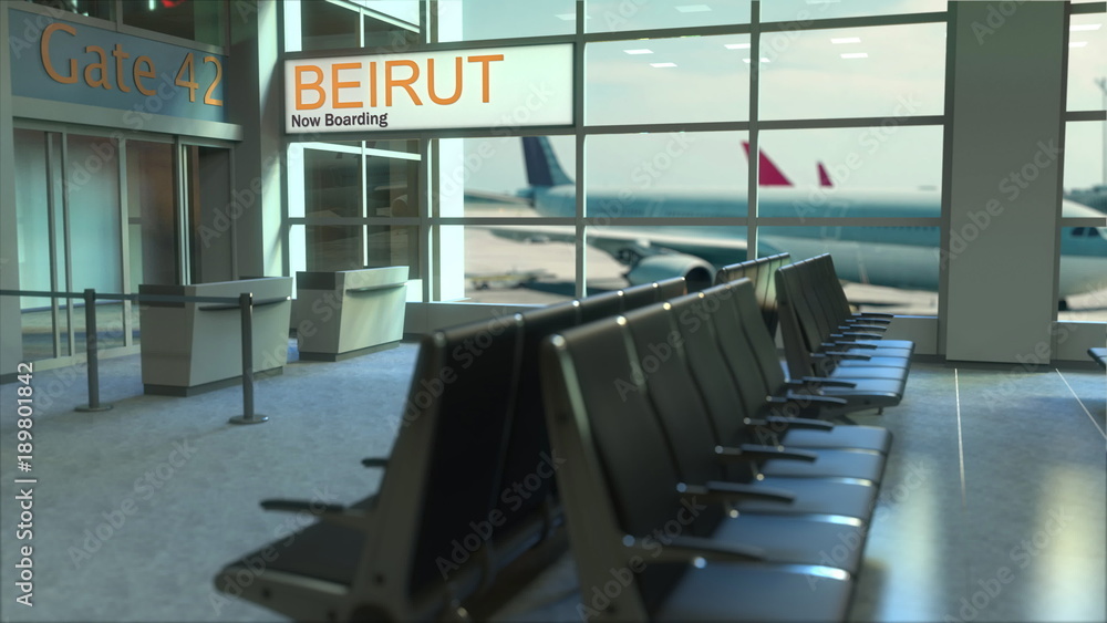 Naklejka premium Wejście na pokład samolotu w Bejrucie na terminalu lotniska. Podróż do Libanu koncepcyjne renderowanie 3D