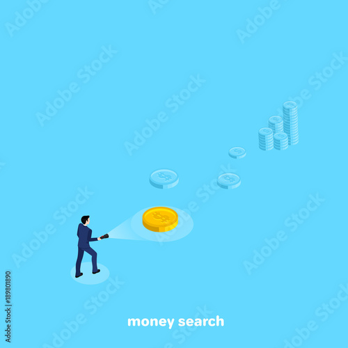 a man in a business suit with a flashlight finds money, an isometric image