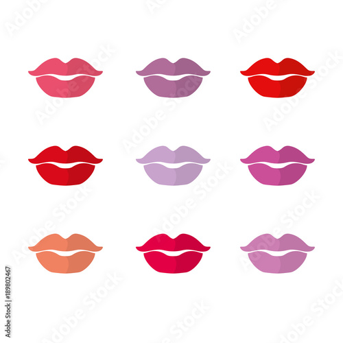 Female lips set of different shades of lipstick. Vector template Palette Cosmetic. 