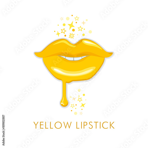 Yellow lipstick. Liquid lip gloss golden yellow shine color. Vector illustration fashionable cosmetics design.