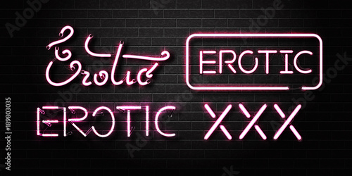 Vector realistic isolated set of neon sign of Erotic lettering for decoration and covering on the wall background. Concept of erotic show and night club.