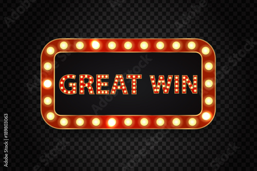Vector realistic isolated retro neon billboard for great win with glowing lamps on the transparent background. Concept of winner, lottery, casino and award ceremony.