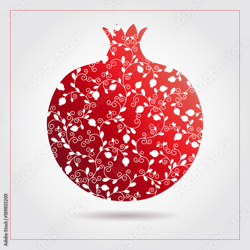 Decorative ornamental pomegranate made of swirl doodles for Rosh Hashanah greeting card, Jewish New Year. Rosh hashana, sukkot Jewish Holiday. Vector abstract illustration of fruit logo.