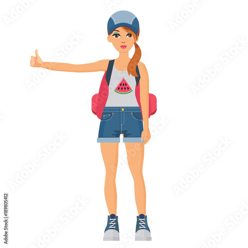 hitchhiking young cute girl in short jeans