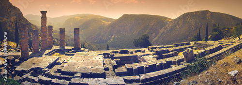 Panoramic view of Apollo's temple in the famous archaeological site of Delphi in Greece which was believed during the antiquity to be 