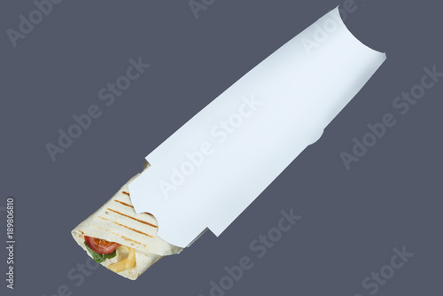 Roll, burrito or shawarma/ Roll, burrito or shawarma in white paper packaging. Mocap on a gray background. Isolate
