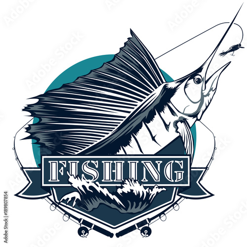 Marlin fishing emblem isolated on white