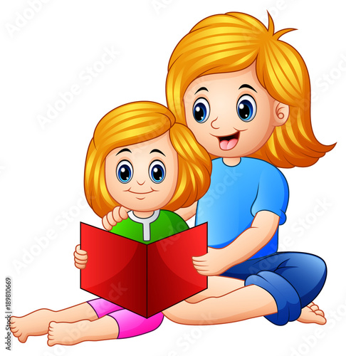Mother and daughter reading book together on a white background