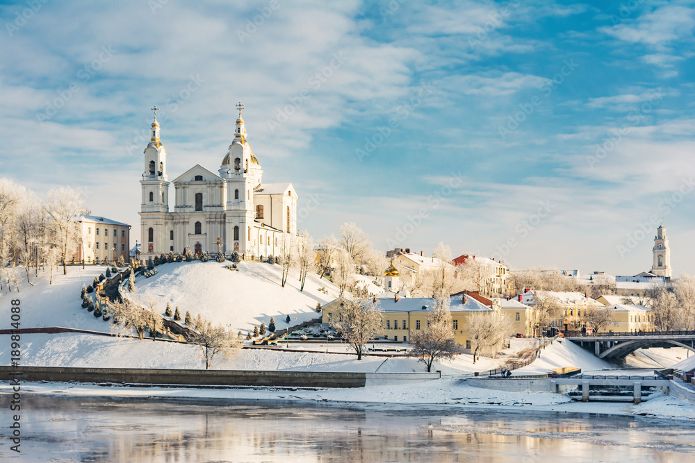 Uspensky Cathedral is a temple in Vitebsk, historical architecture on a clear sunny day in the winter