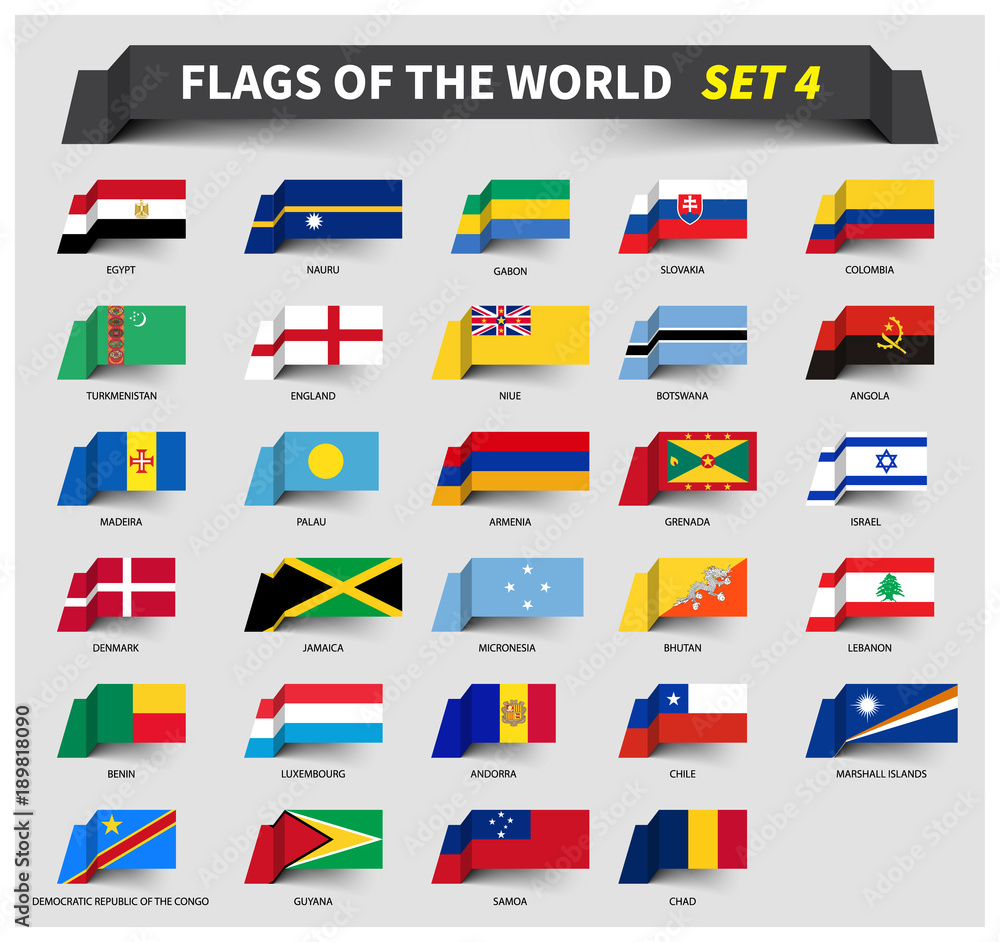 All flags of the world set 4 . Waving ribbon style All flags of the world set 4 . Waving ribbon style
