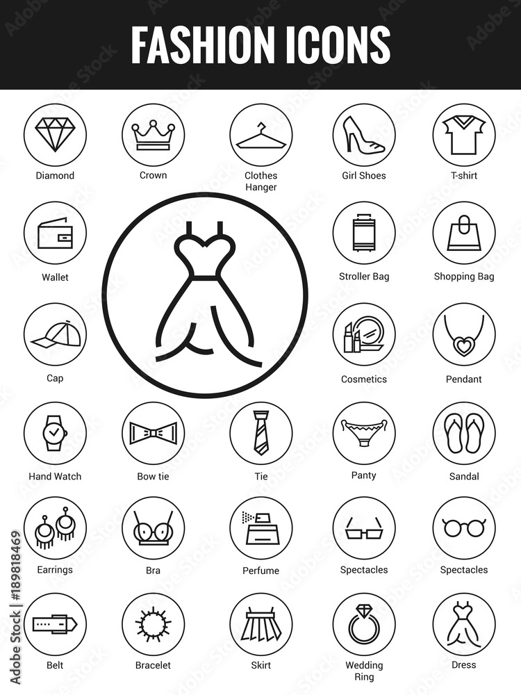 Clothing & Accessories Minimalist and Modern Flat Vector Icons Set