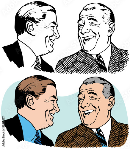 Two older businessmen talking and laughing. 