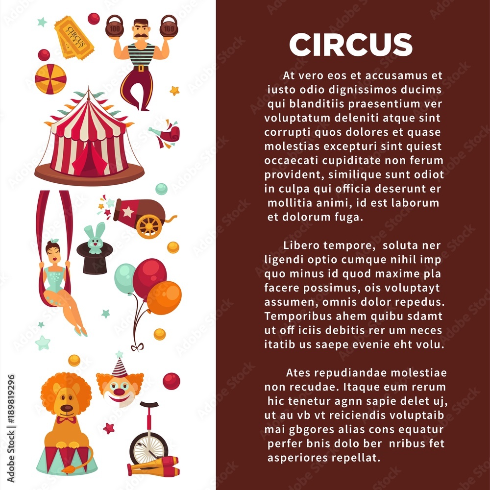 Amazing circus promo poster with participants of show and equipment.