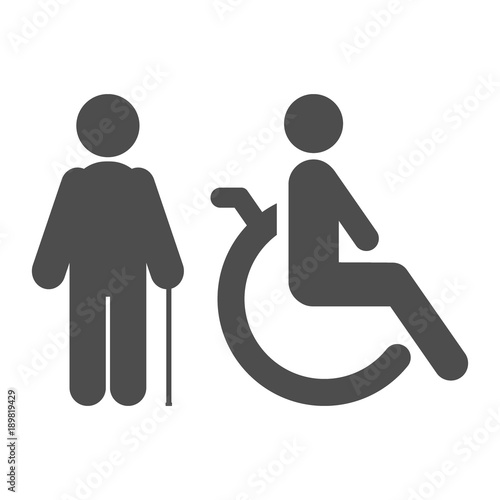 Disabled (handicapped) person seating on wheelchair and aged man with walking stick (cane). Vector icon.