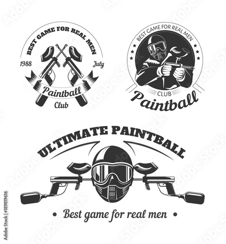 Paintball game sport club logo templates of gamer shooting target or paint ball gun