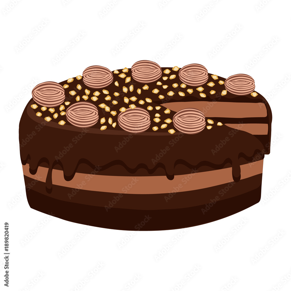Chocolate cake with nuts isolated on white background. Dessert closeup. Chocolate cake with cream and cedar nuts. Vector illustration. Chocolate cake with nuts isolated on white background. Dessert closeup. Chocolate cake with cream and cedar nuts. Vector illustration.