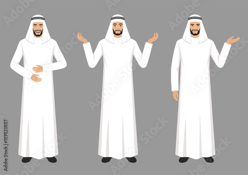 vector illustration of a arab man character expressions with hands gesture, cartoon muslim businessman wit different emotion 
