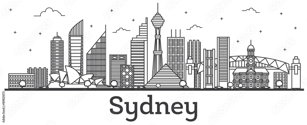 Outline Sydney Australia City Skyline with Modern Buildings Isolated on White.