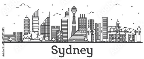 Outline Sydney Australia City Skyline with Modern Buildings Isolated on White.