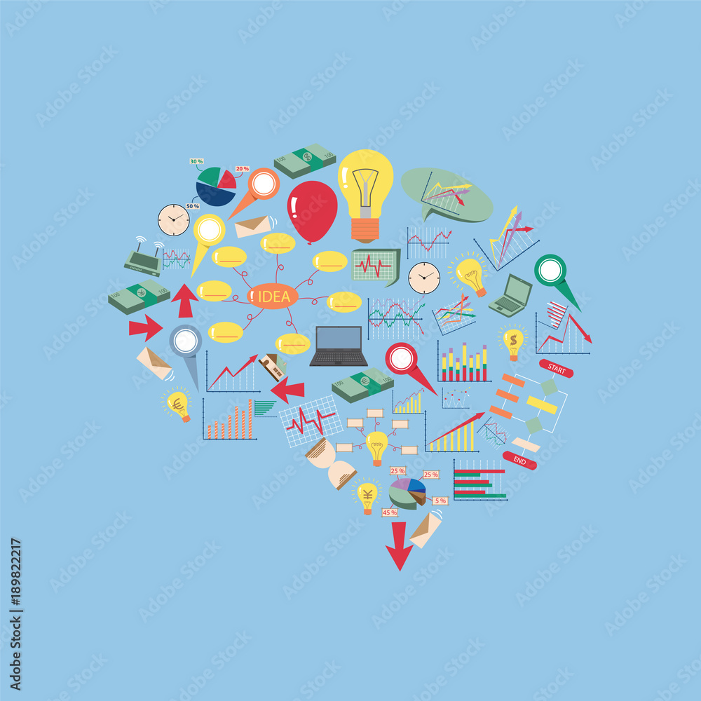 Creative human brain with Creative business, technology and strategy planning web icons Idea, Vector Illustration EPS 10.