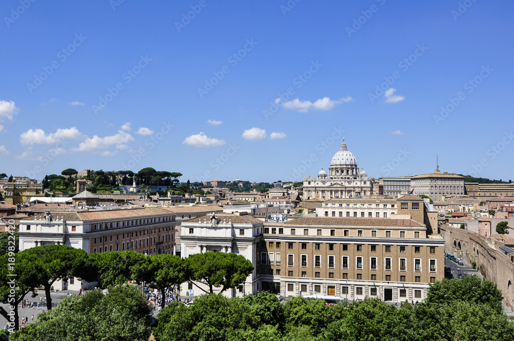 Panorama View of St. Peter's Basilica from St. Angel's castle, Rome Italy