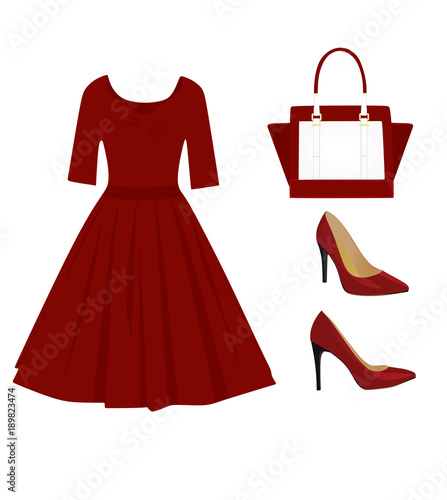 Woman red outfit set, dress, handbag and shoes, vector