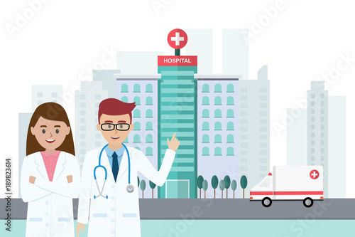 Doctors stand in front of hospital building with ambulance. Modern medical center construction in big city. 