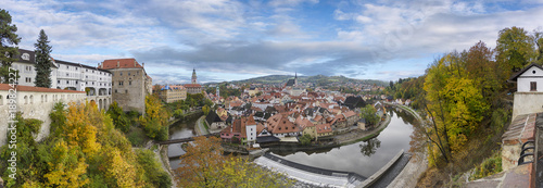 Panorama of Cesky Krumlov. Castle, Tower, St. Vitus Church in cityscape Cesky Krumlov, Czech republic. 