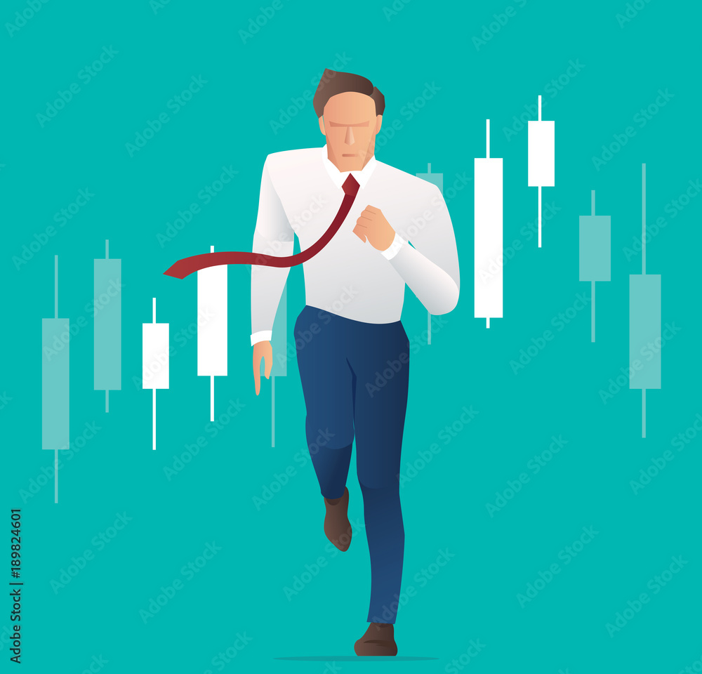 Businessman running with candlestick chart background, concept of stock market, vector illustration Businessman running with candlestick chart background, concept of stock market, vector illustration