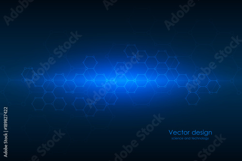 Abstract technological and scientific background with hexagons. Structure molecule and communication. Science, technology and medical concept. Vector illustration.