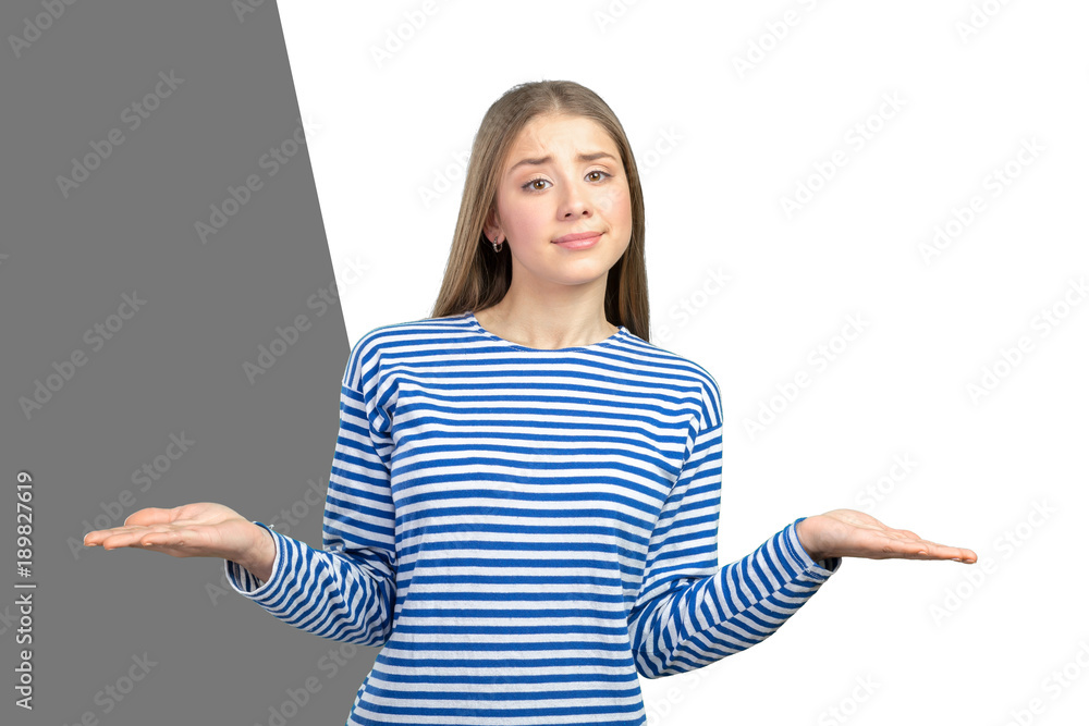 surprised caucasian girl making do not know sign surprised caucasian girl making do not know sign