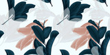 Seamless pattern, hand drawn dark green, brown and white guava leaf on sprig on grey background