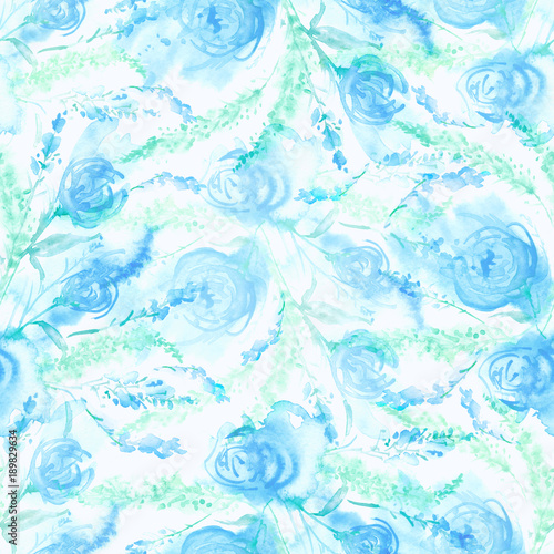 Watercolor vintage seamless pattern, floral pattern, blue, roses, buds. 
Plants, flowers, grass in floral background.