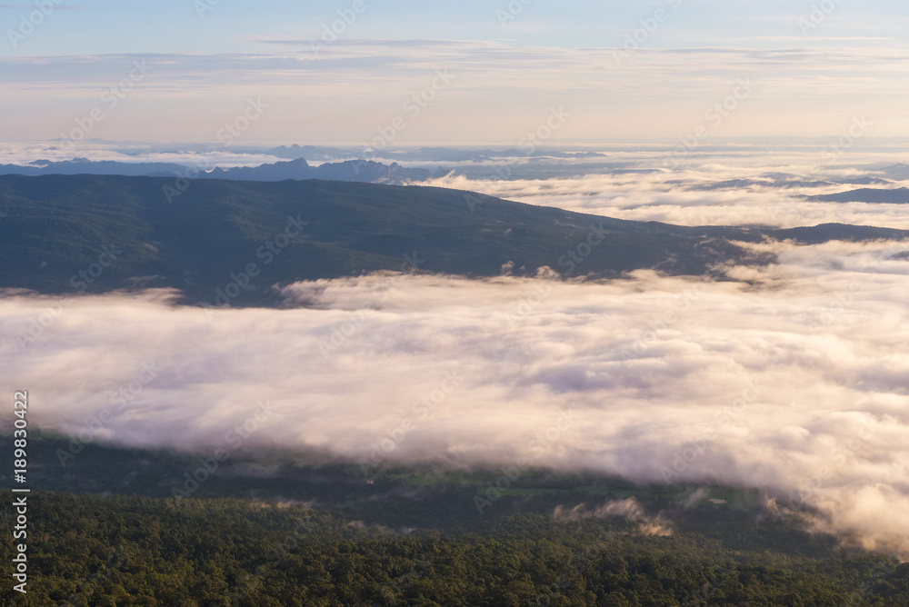 Aerial view of Panorama landscape with mountain view and morning fog Aerial view of Panorama landscape with mountain view and morning fog