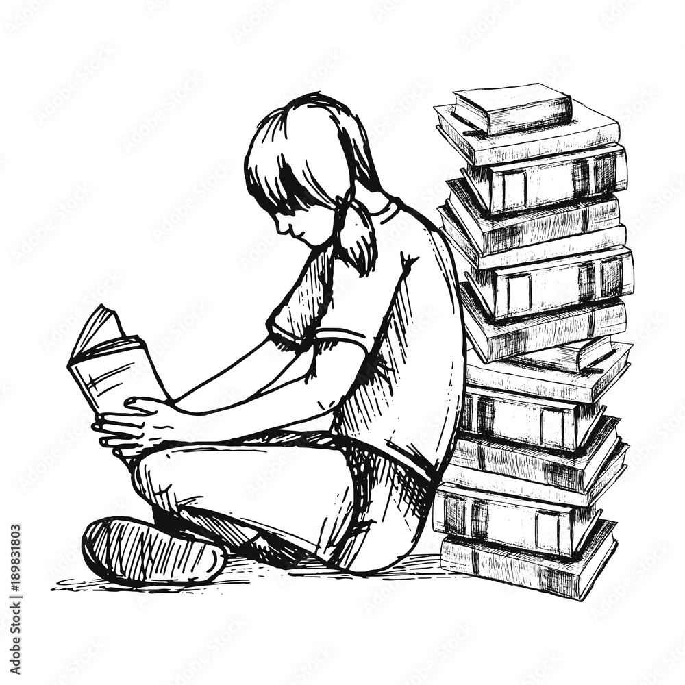 Vector sketch drawing illustration of reading girl with books Stock Vector