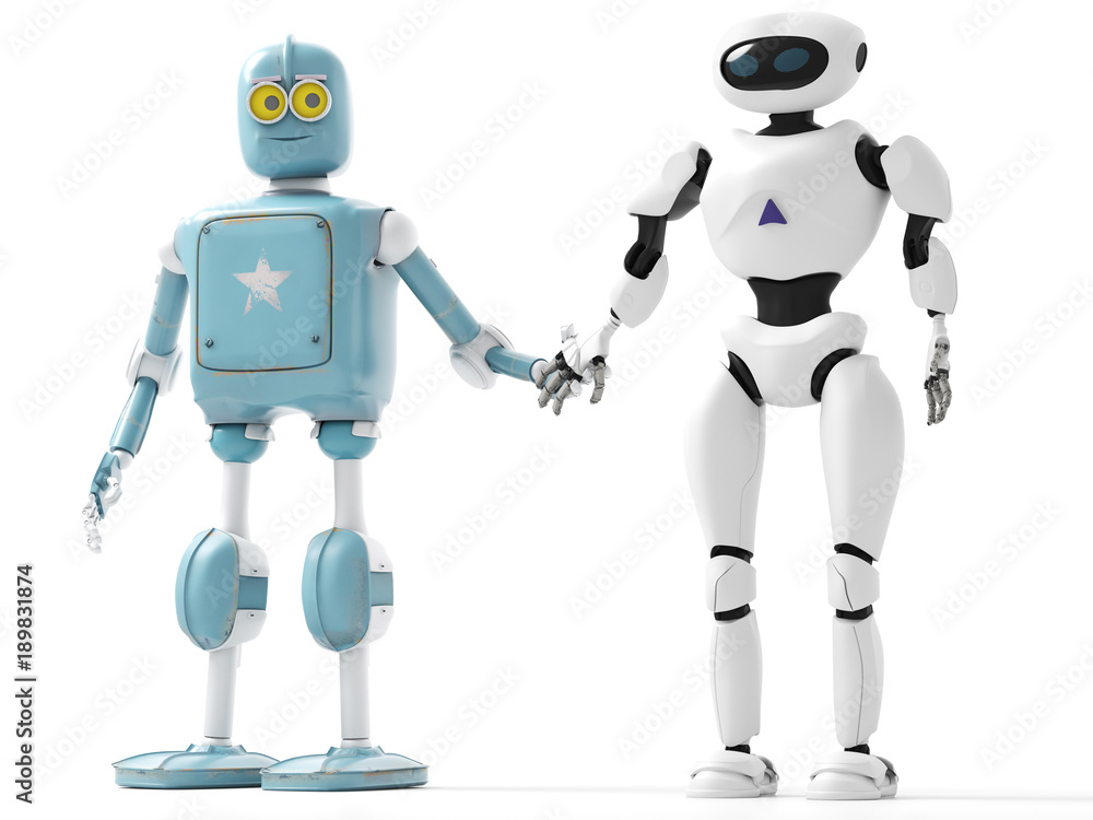 two generations of robots holding hands with an on-white background two generations of robots holding hands with an on-white background